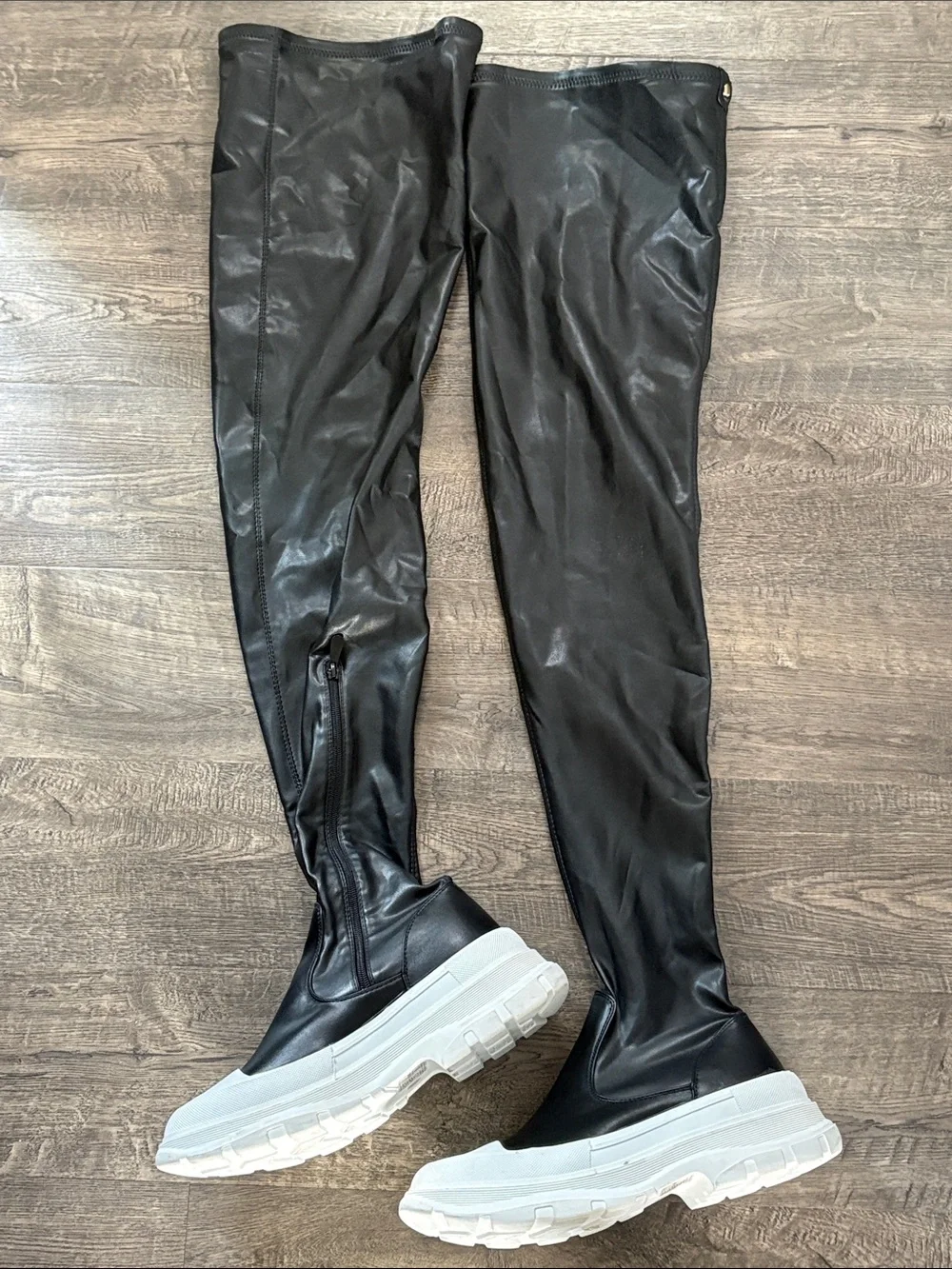 Azalea Wang Black Over-the-Knee Faux Leather Boots with White Chunky Sole 11